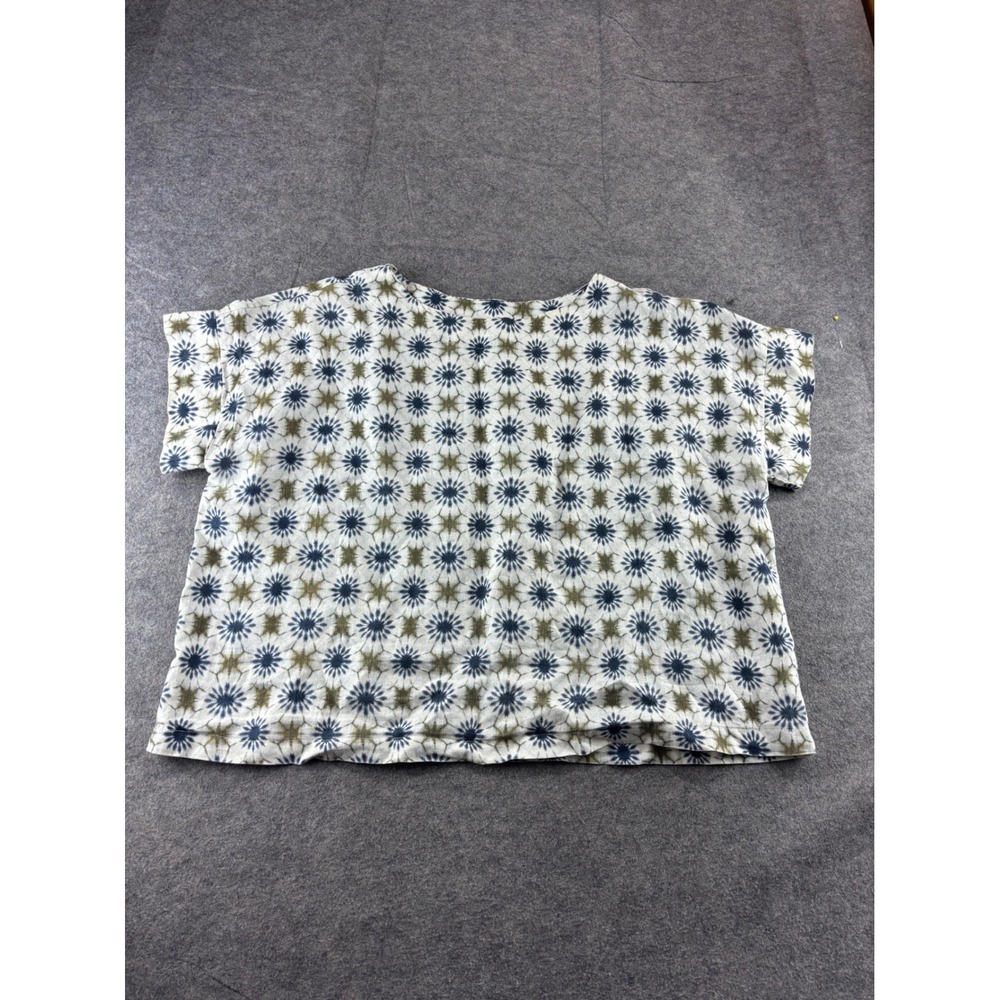 Bryn Walker Italian Linen Sunburst Print Boxy Top Small Blue Olive Made in USA